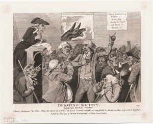 Isaac Cruikshank, Debating Society (Substitute for Hair Powder). London: Published by Laurie & Whittle, May 5, 1795. Etching and engraving. Source: Yale Library.