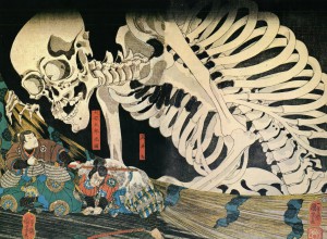 Extrait d'un tryptique représentant la princesse Takiyasha invoquant un spectre de squelette pour effrayer Mitsukuni, l'envoyé de l'empereur. 歌川国芳, ~1844, par Utagawa Kuniyoshi (1798 - 1861). La première fois que j'ai vu une reproduction de cette estampe au cours d'une conférence de 2007, je n'ai pu m'empêcher de faire le rapprochement avec la forme spectrale prise par le frère cadet de l'Empereur dork lorsqu'il apparaît à Nausicaä, dans Nausicaë de la Vallée du Vent, l'unique manga de Hayao Miyazaki.